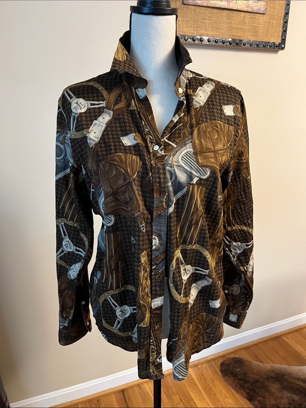Ralph Lauren Brown & Black Equestrian Print Button-Up, size large, cotton